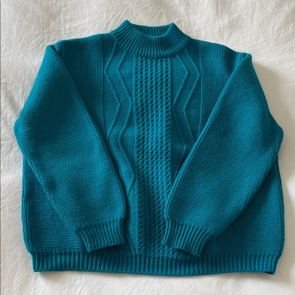 Teal Cable Knit Mock Neck Sweater